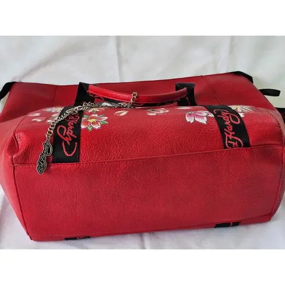 Ed Hardy Love Kills Slowly Large Weekender Duffle Travel Bag Red Faux Leather - Picture 9 of 12